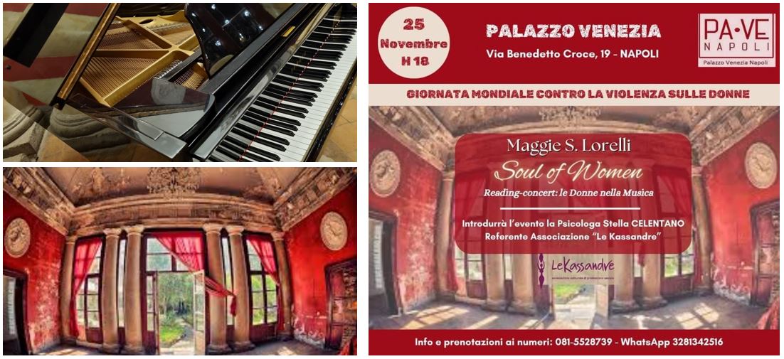 Piano, venue, Flyer for Maggie Lorelli concert at Palazzo Venetzia in Naples