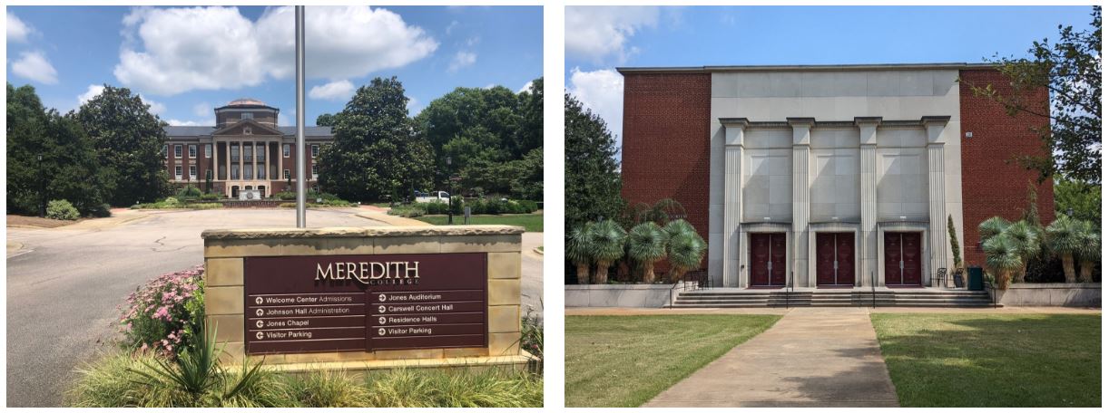 (L) Approach to Meredith College and (R) Jones Auditorium