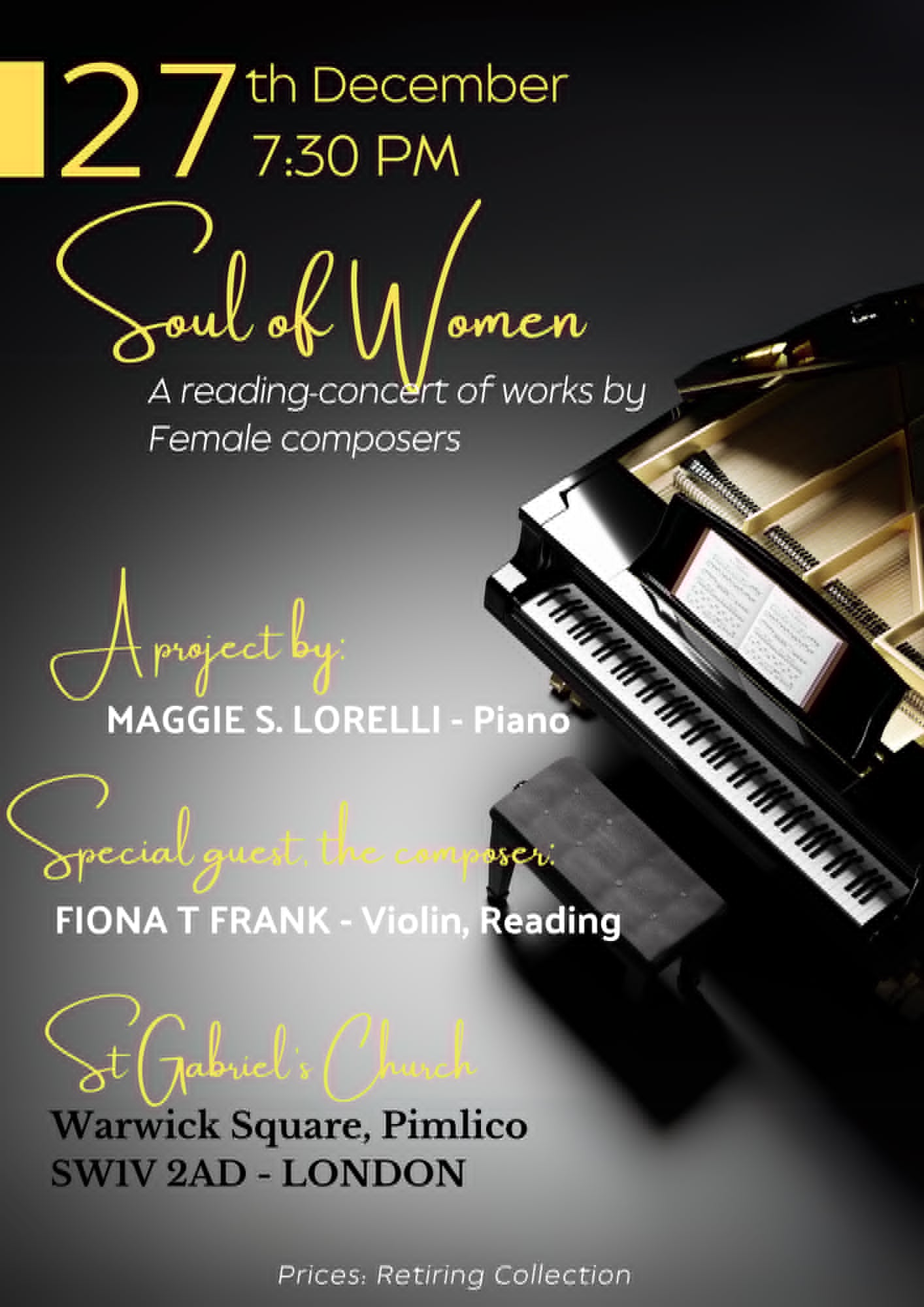 Maggie S. Lorelli's reading-concert 'Soul of Women' at St Gabriel's Church, Poster